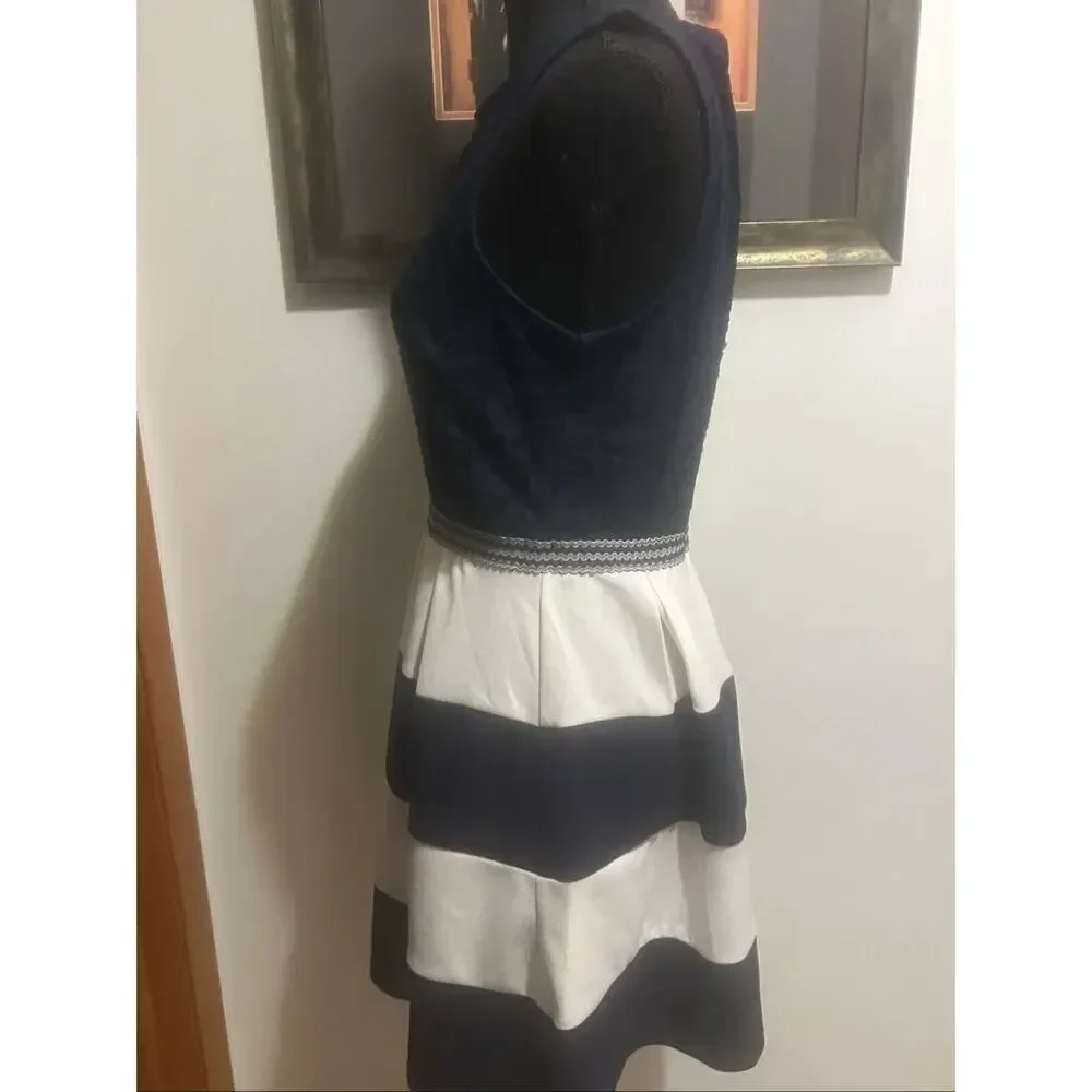 Speechless Juniors Size L Navy White Stripe Lace Fit & Flare Sleeveless Dress